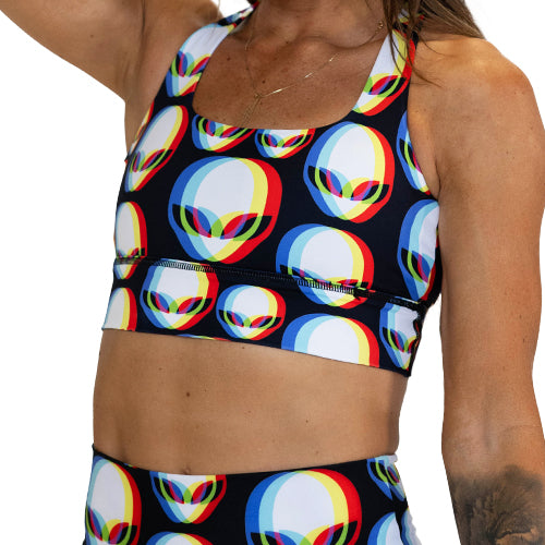 alien patterned sports bra
