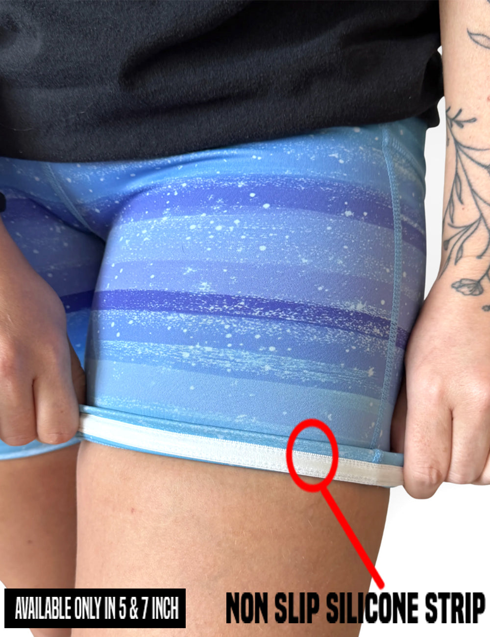 close up of the blue and white ombre shorts rolled up to show the non slip silicone strip found in the 5 and 7 inch inseam shorts