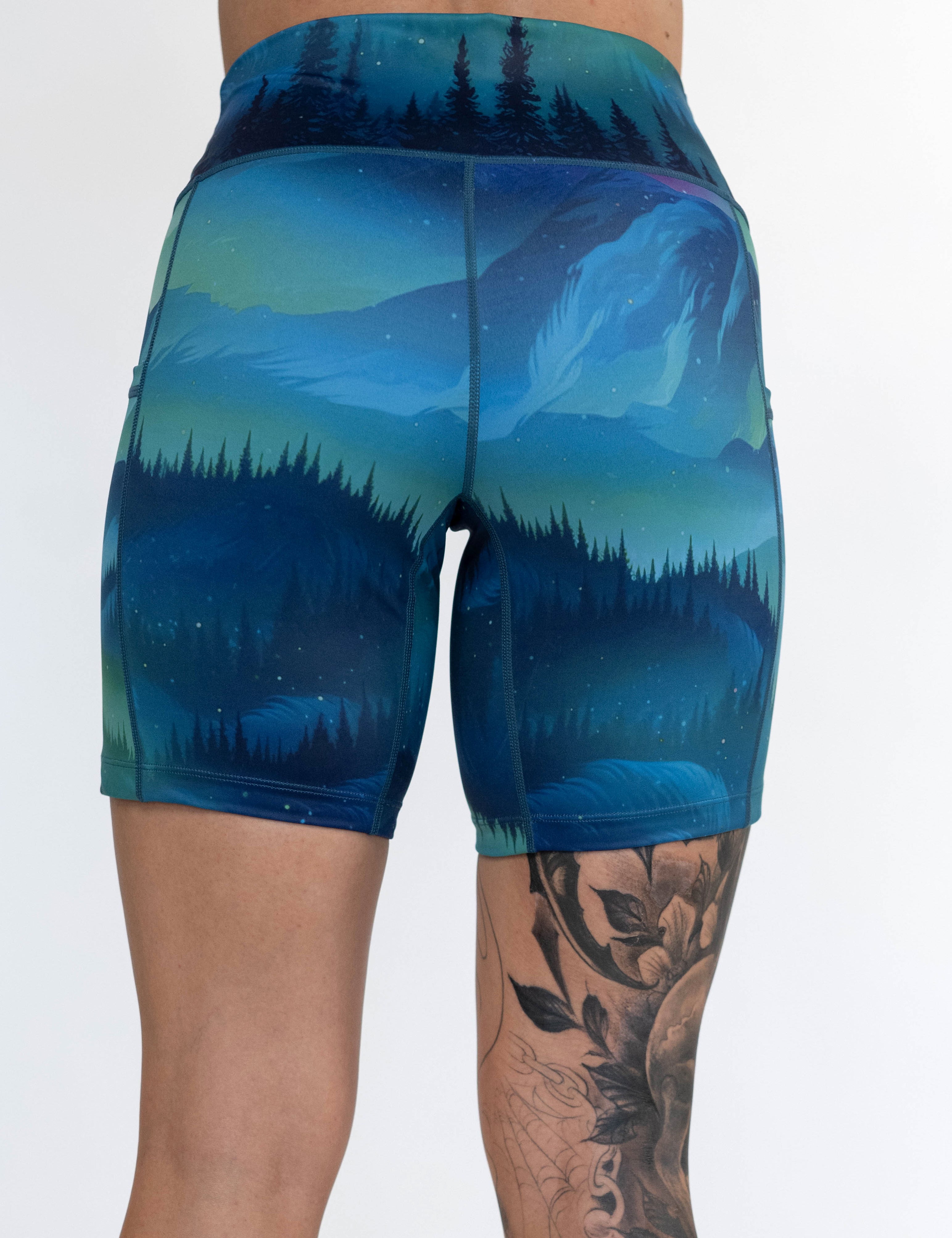 back of the 7inch wilderness aurora  shorts against a white background