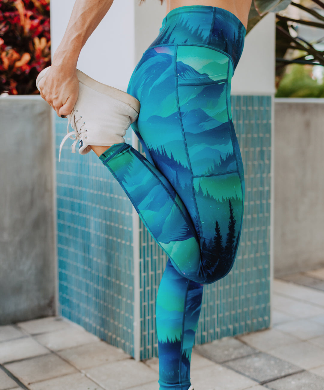 close up of full length aurora borealis leggings