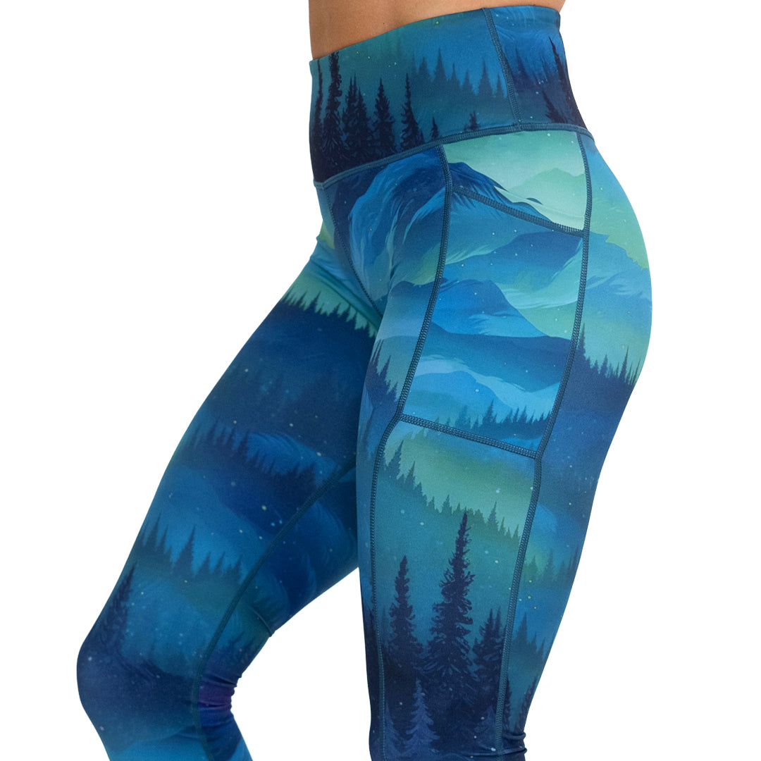 close up of aurora borealis leggings