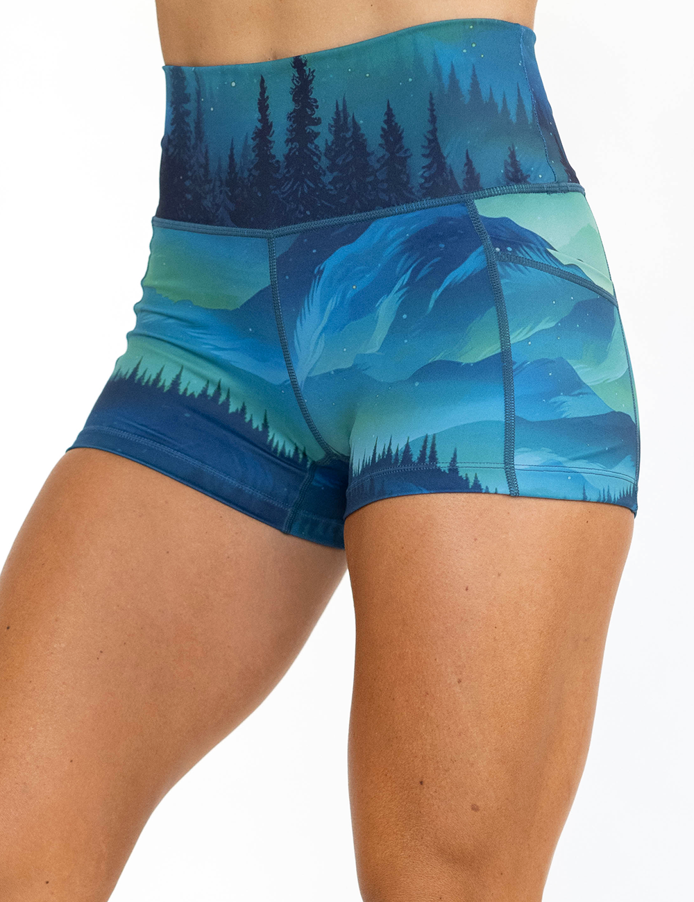 close up of the 2.5 inch Aurora Borealis shorts against a white background