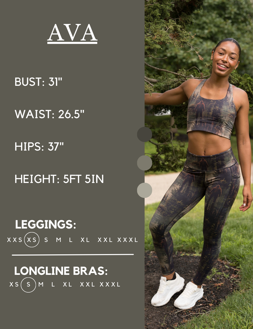 Model’s measurements of 31” bust, 26.5” waist, 37” hips and height of 5 ft 5 inches. She is wearing a size extra small in our leggings