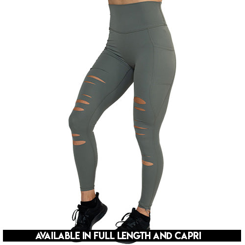 ripped sage green leggings available in capri and full length 