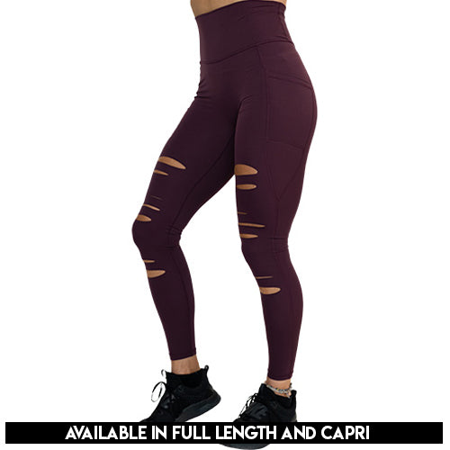 ripped plum leggings available in capri and full length