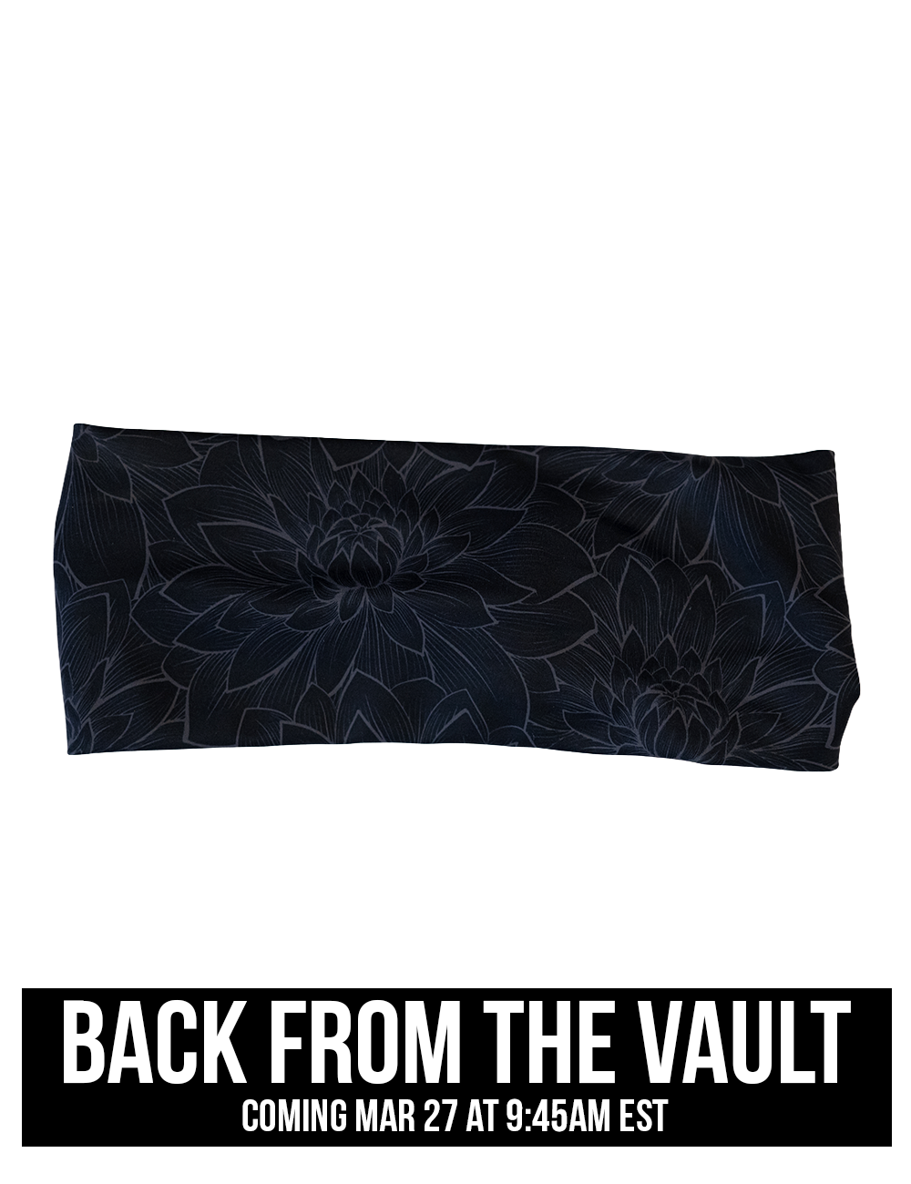 front of the black lotus flower headband against a white background, coming soon