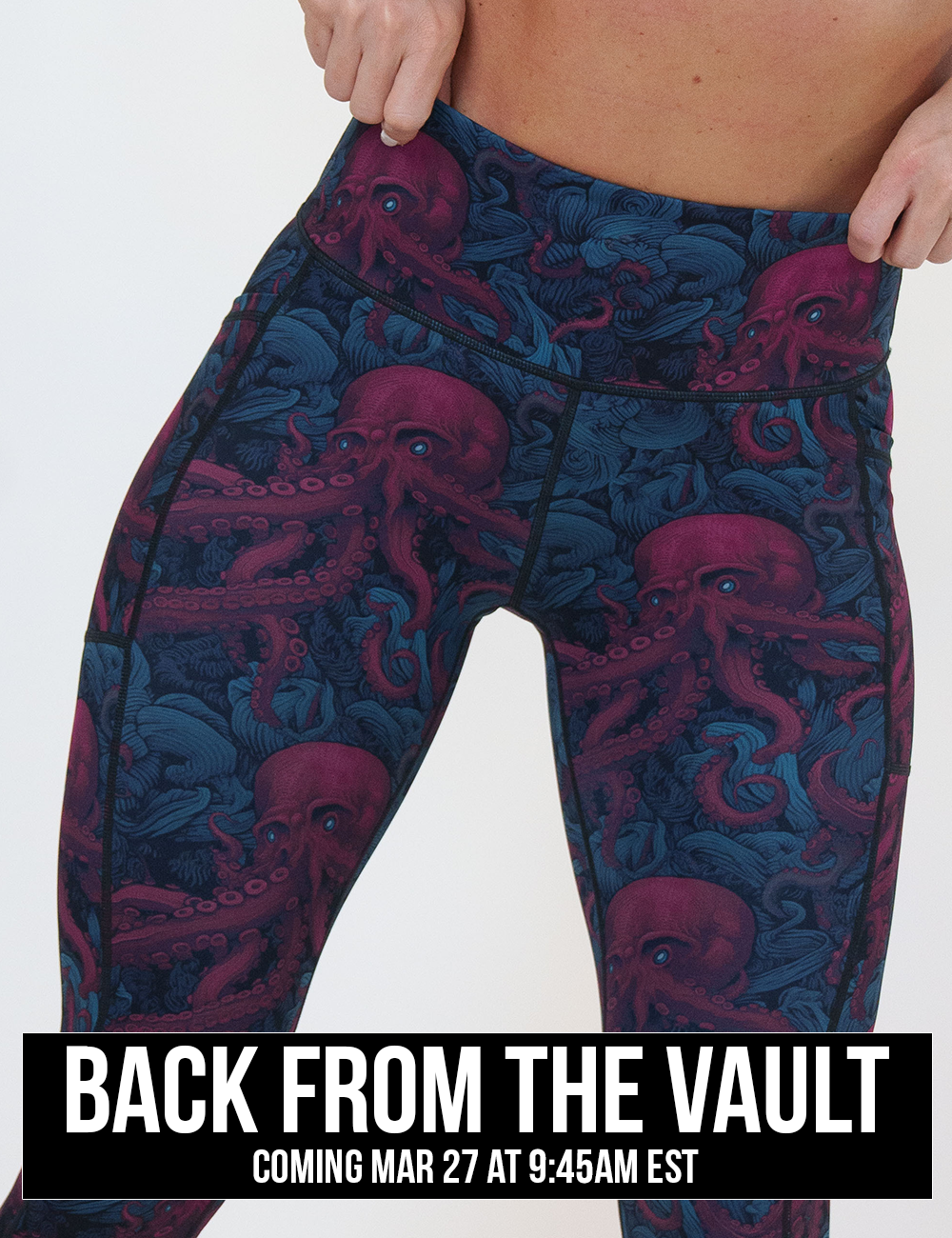 close up of the maroon octopus with glowing blue eyes leggings against a white background, coming soon