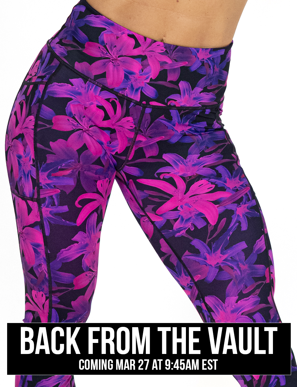 close up of the front of the vibrant purple flowers leggings against a white background, coming soon