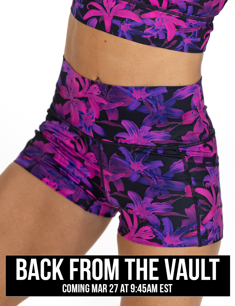 close up of the 2.5 inch purple flowers shorts against a white background, coming soon