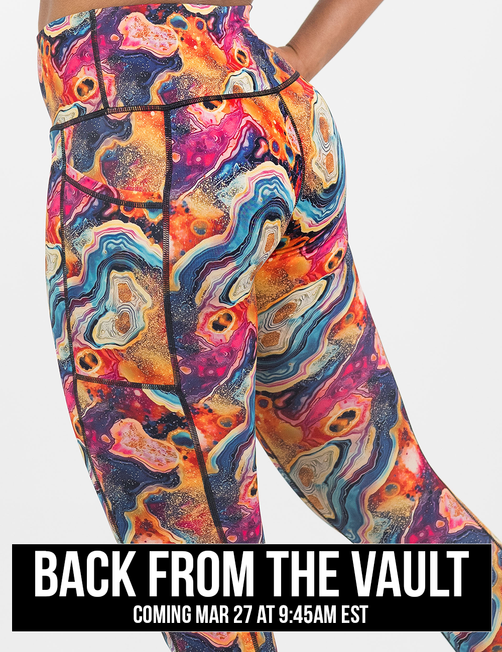 close up of the back of the colorful marble patterned leggings against a white background, coming soon