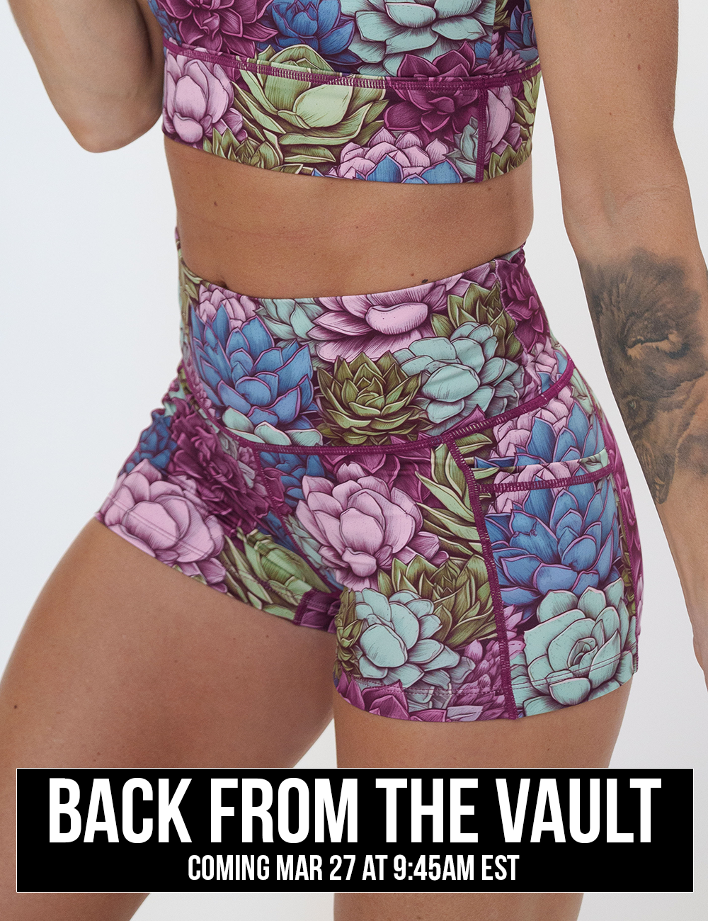 close up of the 2.5 inch succulents and flowers print shorts against a white background, coming soon