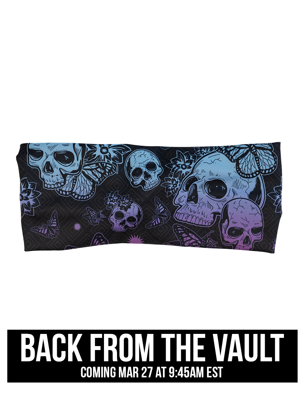 front of the blue and purple skulls surrounded by butterflies headband against a white background, coming soon