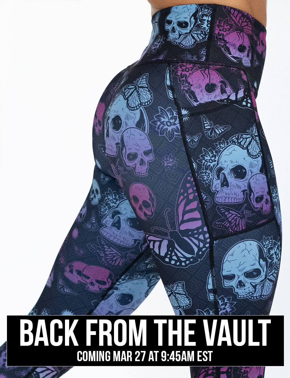 close up of the blue and purple skull surrounded by butterflies leggings facing the front, coming soon
