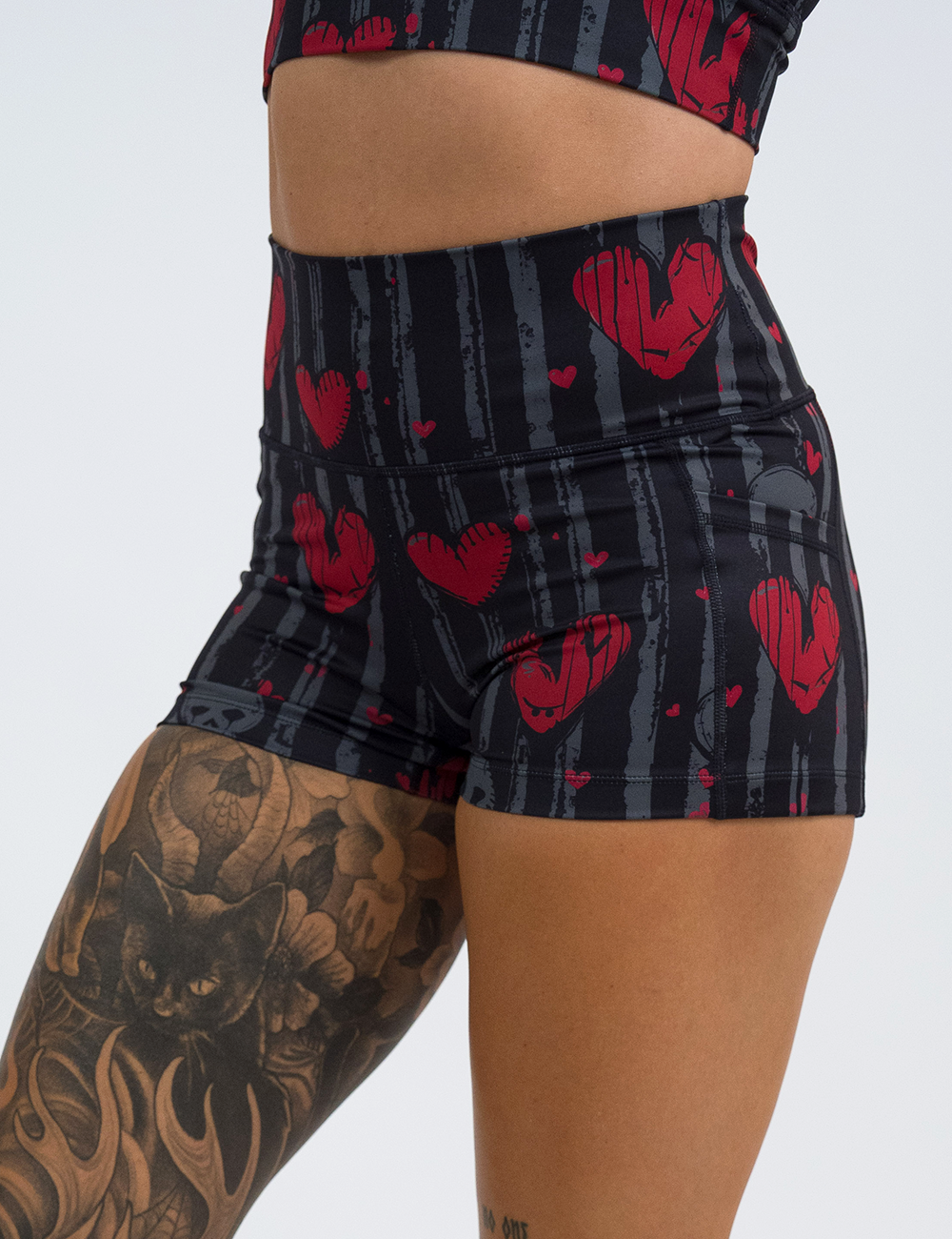 front of the 2.5 inch red hearts against stripes shorts