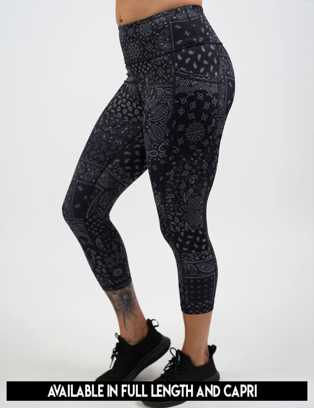 available lengths for the black paisley patterned leggings, lengths include full length and capri