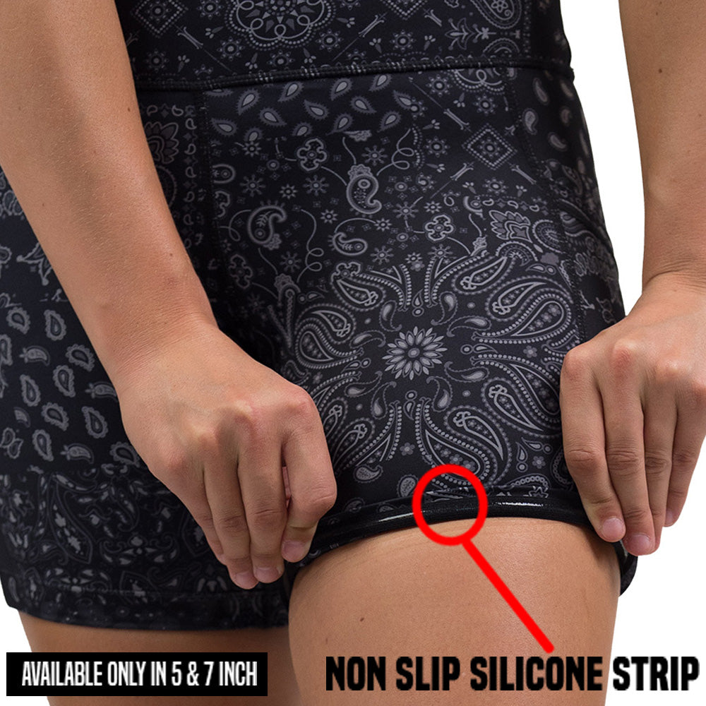 non slip strip on the black paisley patterned shorts