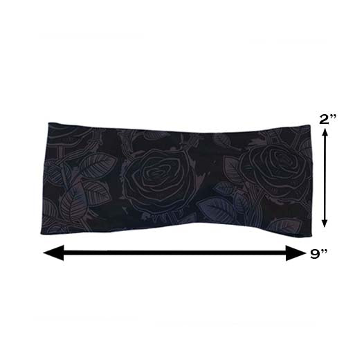 black and grey rose patterned headband measured at 2 by 9 inches