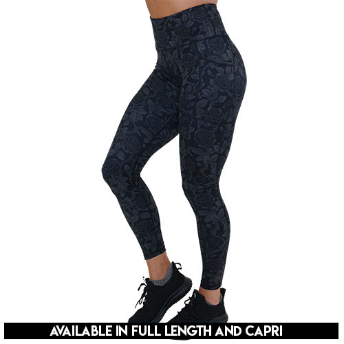 black and grey rose patterned legging's available lengths