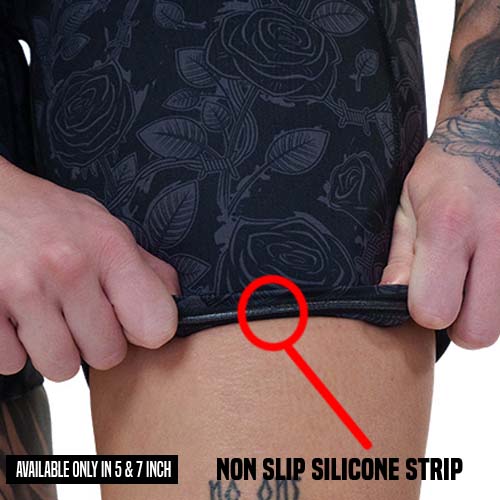 non slip strip on the black and grey rose patterned shorts