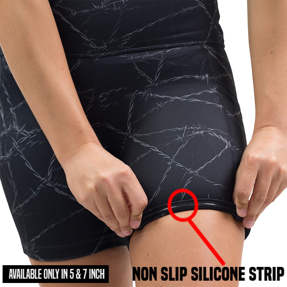 non slip strip on the black shorts with a white barbed wire pattern on it