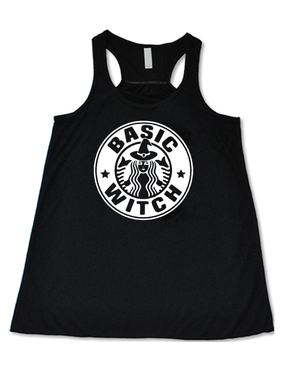 front of the black tank with the basic witch mermaid coffee logo graphic