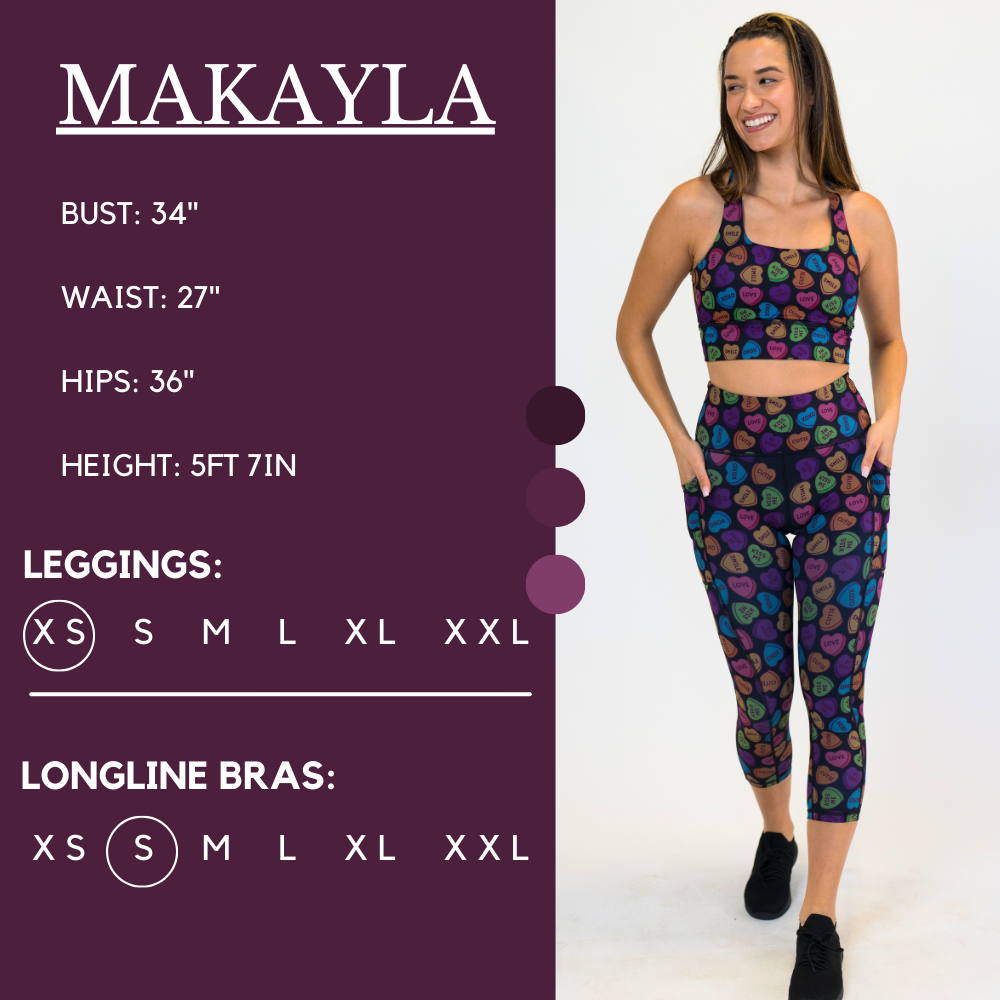 Model’s measurements of 34” bust, 27” waist, 36” hips and height of 5 ft 7 in. She is wearing a size x-small in our leggings