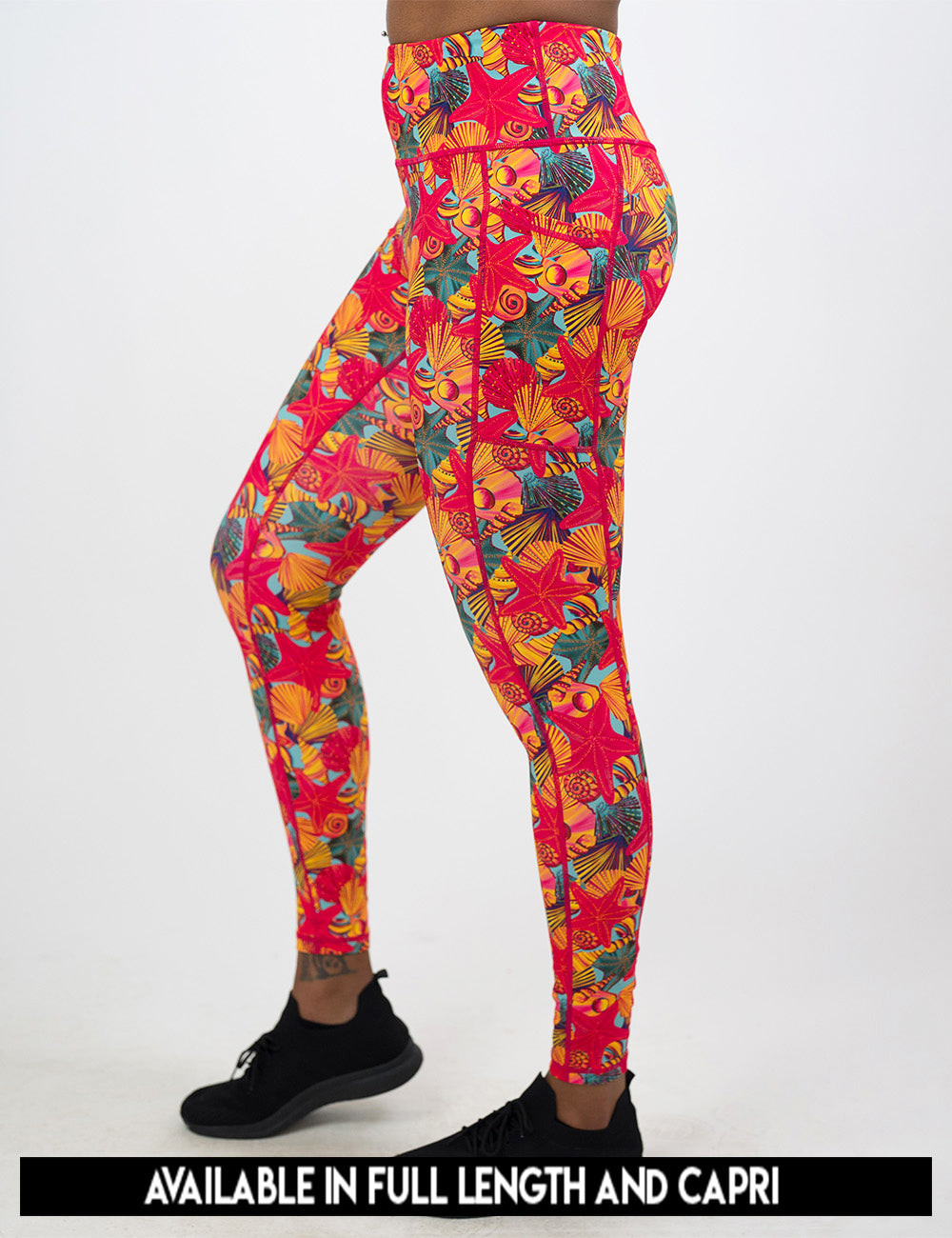 available lengths for the front of the red starfish with a yellow and blue shell background leggings, lengths include full length and capri