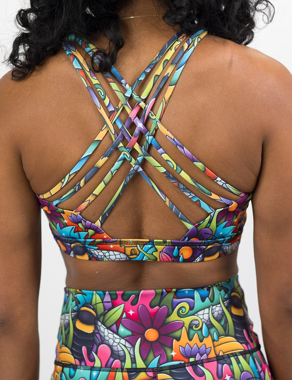 back of the cartoon bees among colorful cartoon flowers print butterfly back bra against a white background