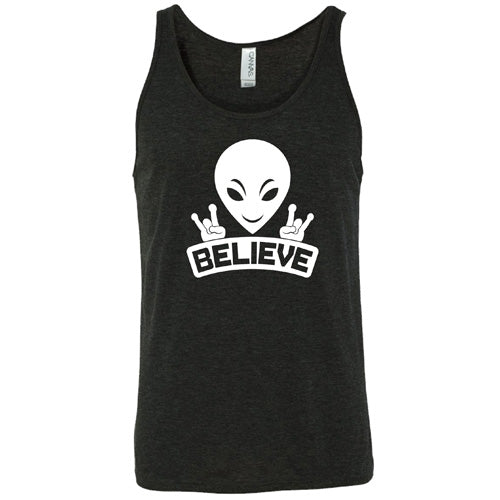 black unisex shirt that has an alien design on it that says "believe"