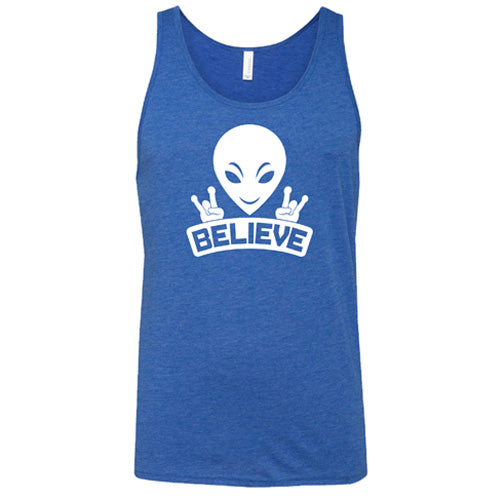 blue unisex shirt that has an alien design on it that says "believe"