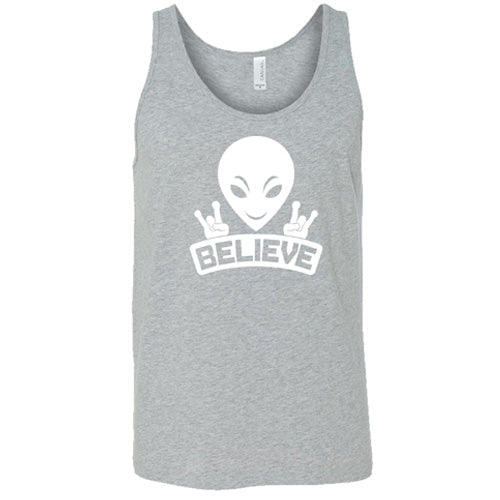 grey unisex shirt that has an alien design on it that says "believe"