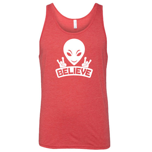 red unisex shirt that has an alien design on it that says "believe"