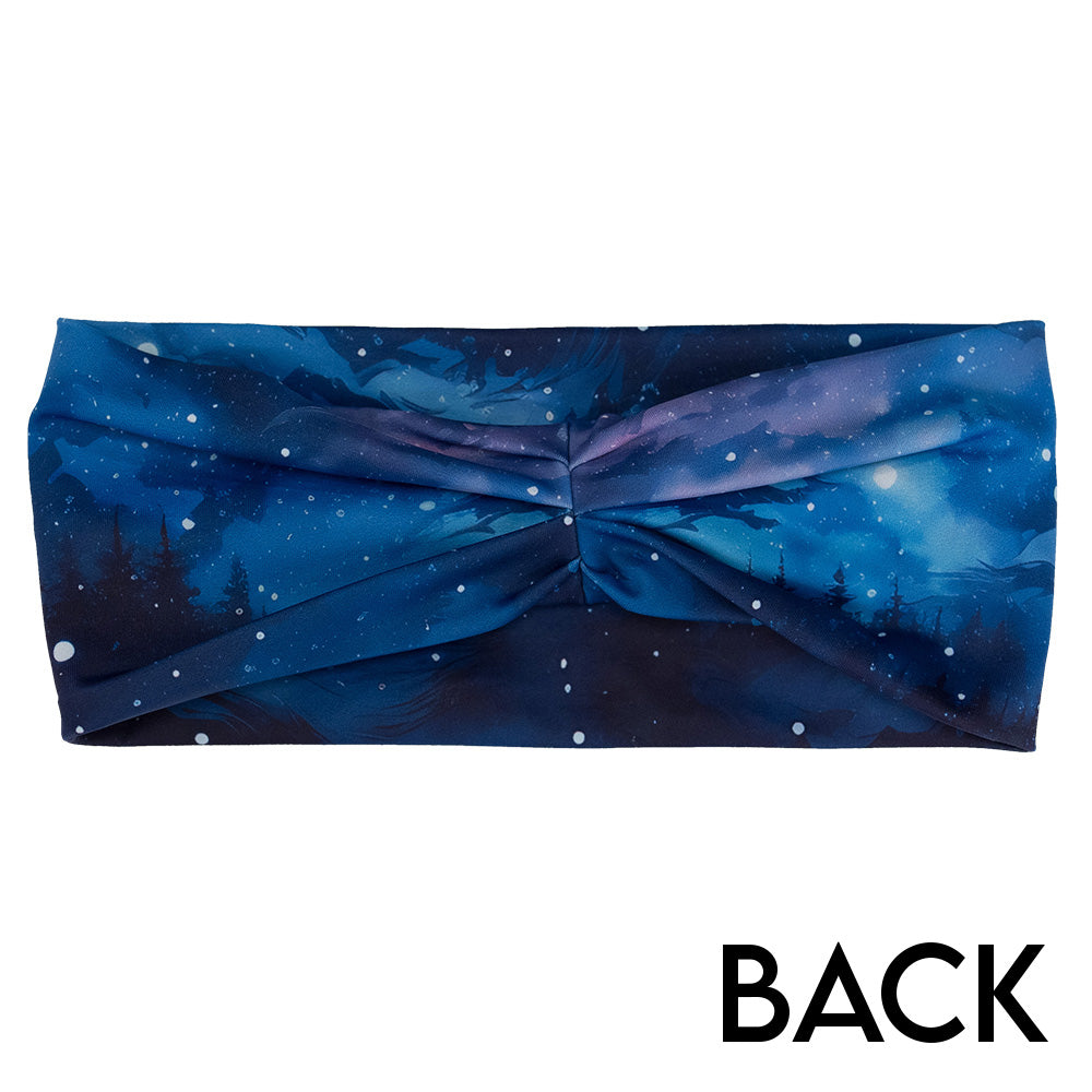 back of the blue sky and forest patterned headband