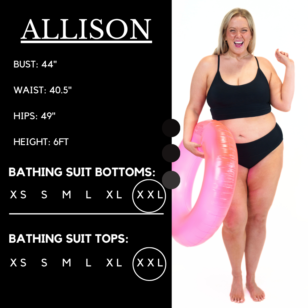 Model's measurements of 44 inch bust, 40.5 inch waist, 49 inch hips, and height of 6 foot. She is wearing a size xx-large in our bathing suit