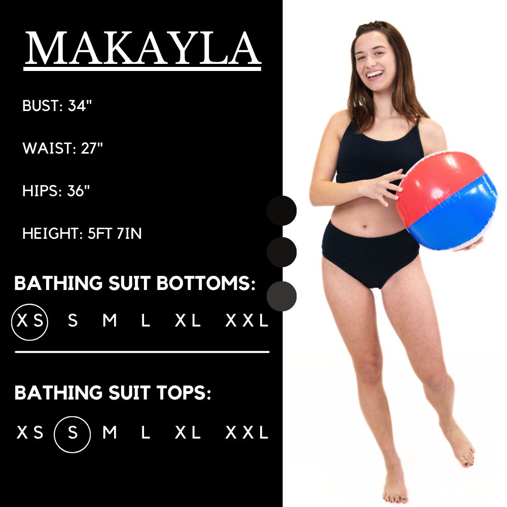 Model’s measurements of 34” bust, 27” waist, 36” hips and height of 5 ft 7 in. She is wearing a size x-small in our bathing suit bottoms and a size small in our bathing suit top