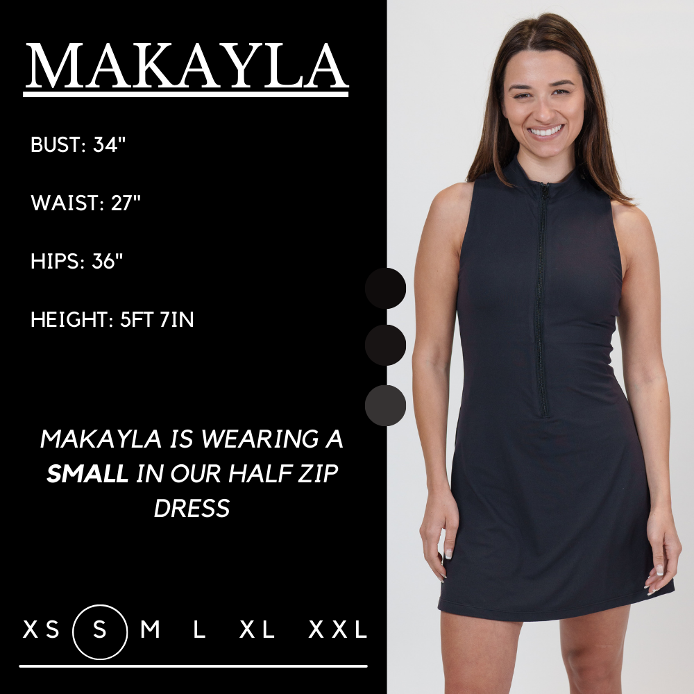 Model’s measurements of 34” bust, 27” waist, 36” hips and height of 5 ft 7 in. She is wearing a size small in our half zip dress