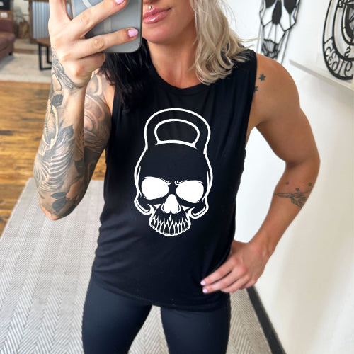 black muscle tank with a kettlebell skull graphic on the front