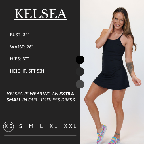 Graphic showing the measurements of a model and what size she wears for the dress. Her bust is 32 inches, waist is 28 inches, hips are 37 inches, and height is 5 foot and 5 inches. She wears an extra small in dress