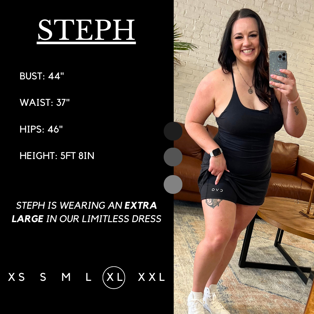 Model’s measurements of 44” bust, 37” waist, 46” hips and height of 5 ft 8 inches. She is wearing a size xl in our dress