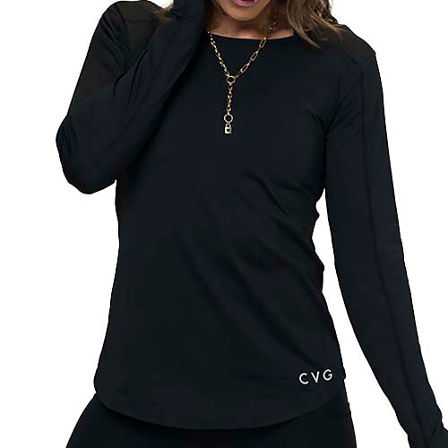 model wearing a black long sleeve shirt