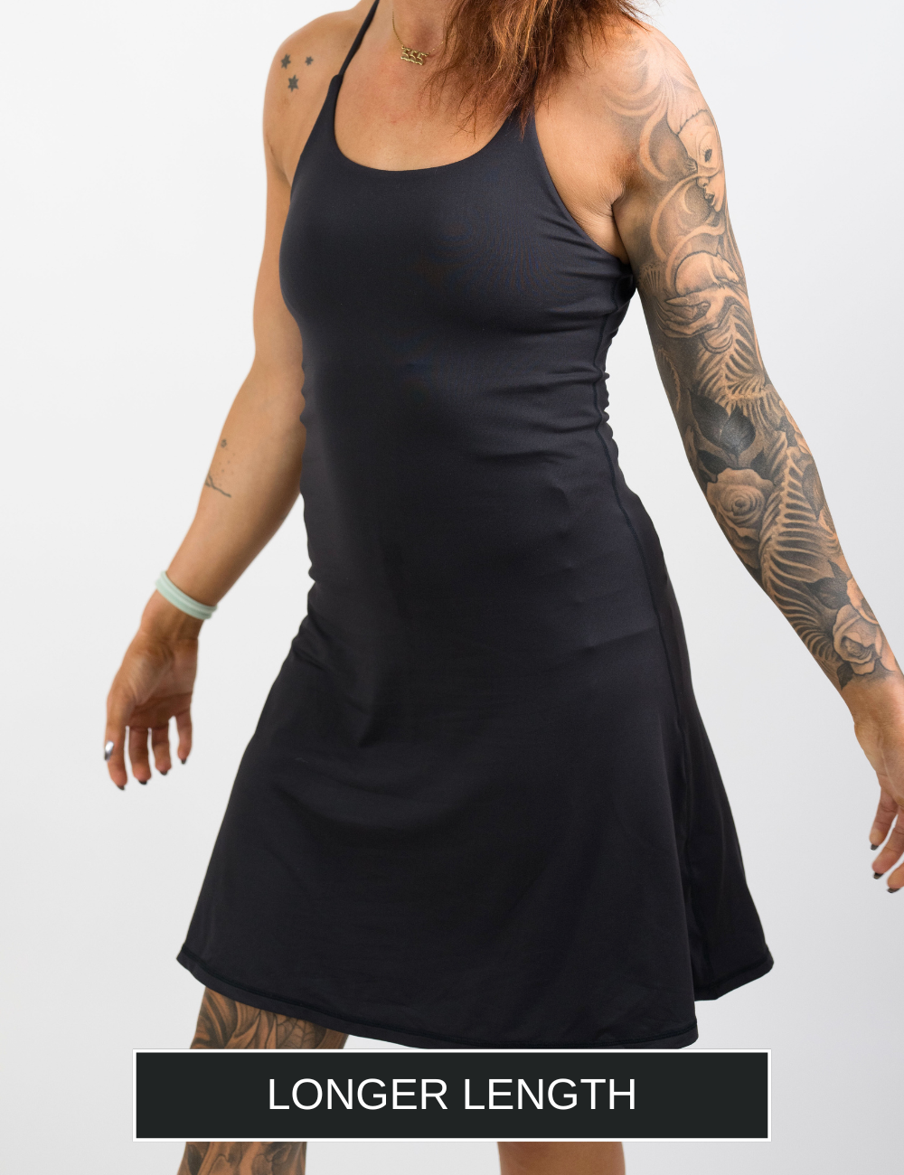 front of the longer length black dress