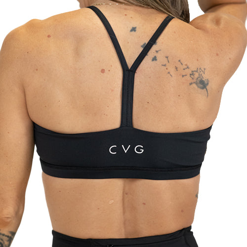 back of solid black sports bra