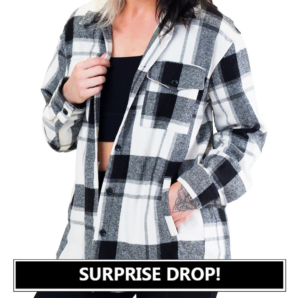 model wearing the black plaid shacket