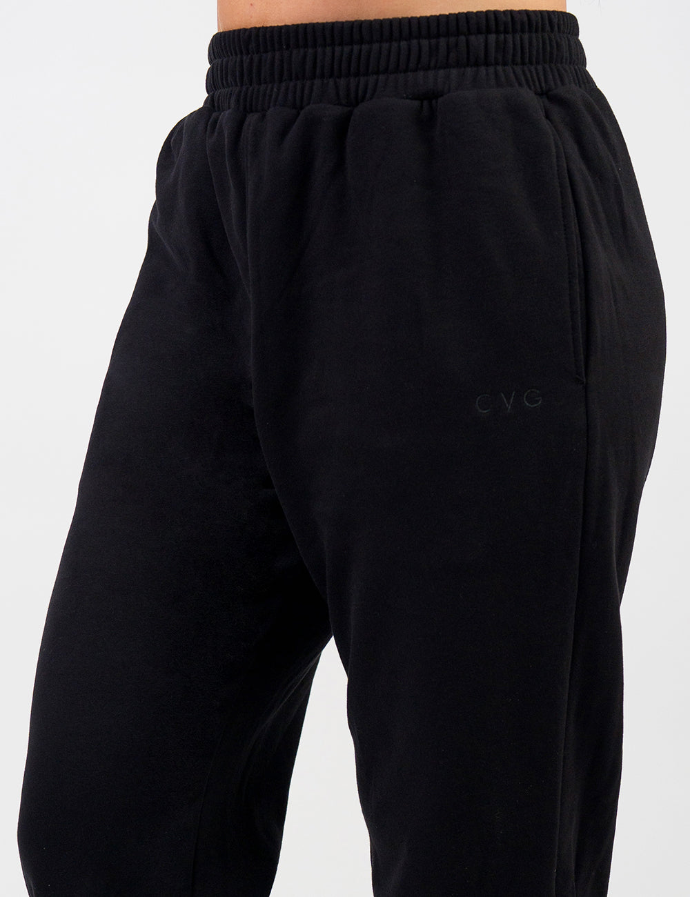 front of the black sweat pants with a subtle CVG logo