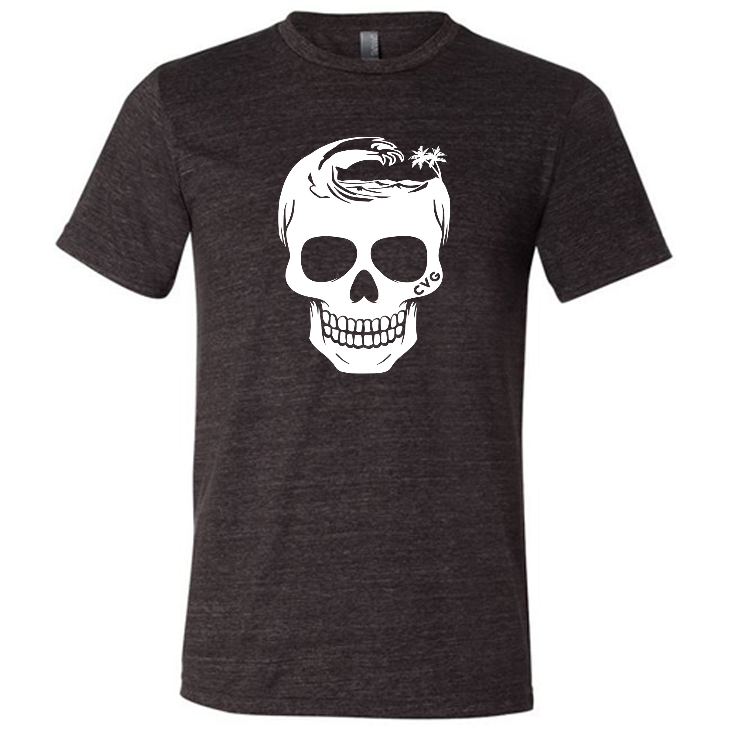 black unisex tee with tropical skull design