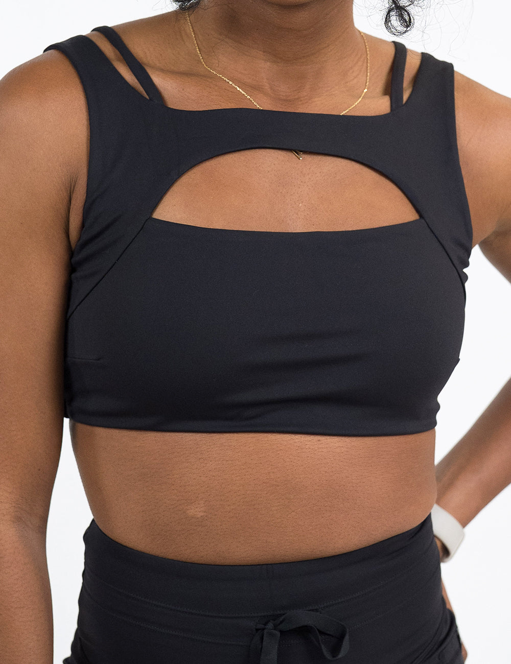 front of the omni black vista bra against a white background
