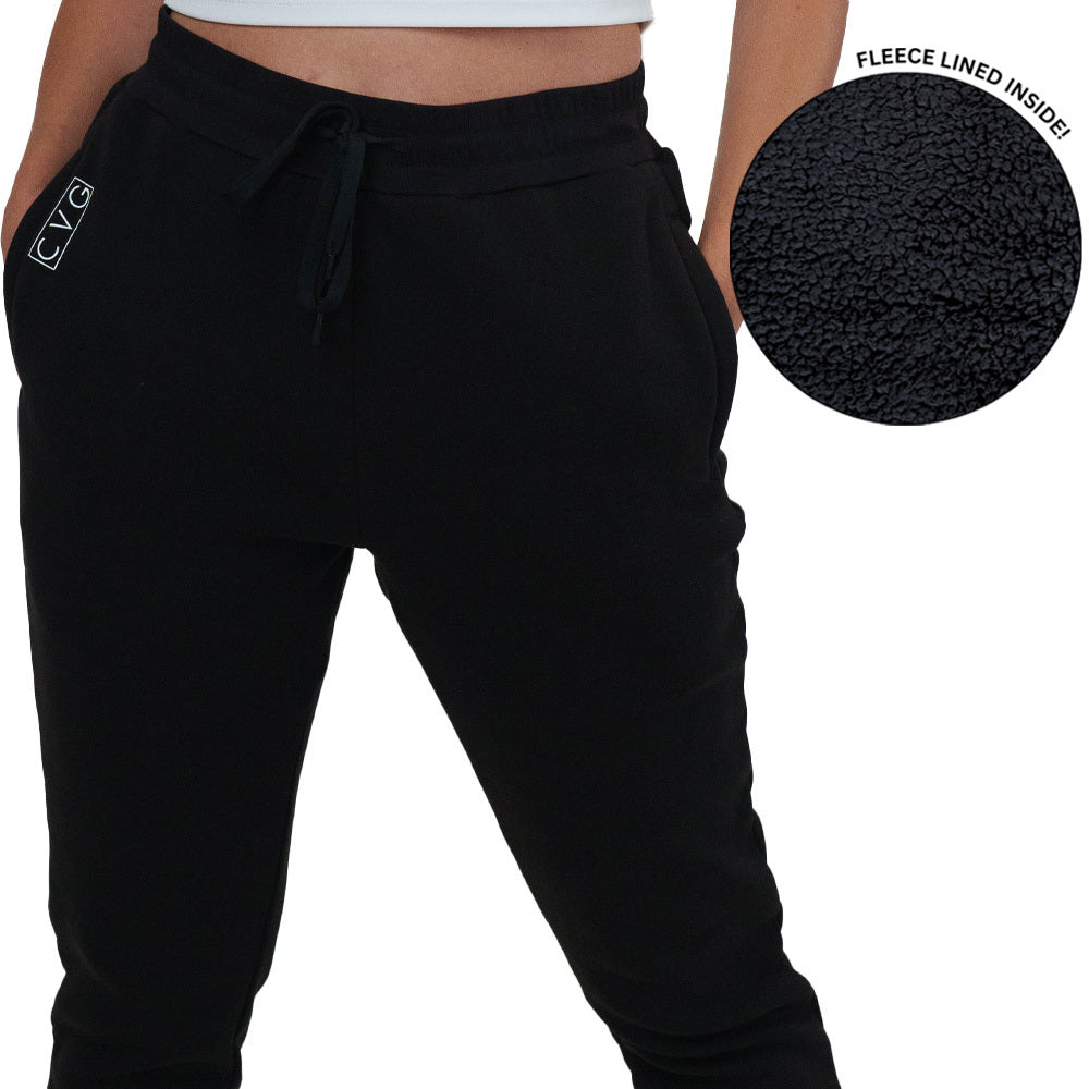 Black fleece-lined jogger pants with a close-up of the lining on a white background.