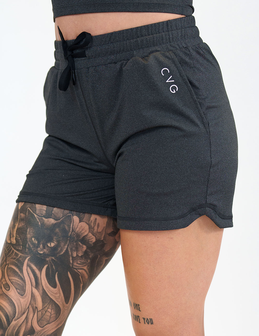 front of the 5 inch black flex drawstring shorts against a white background