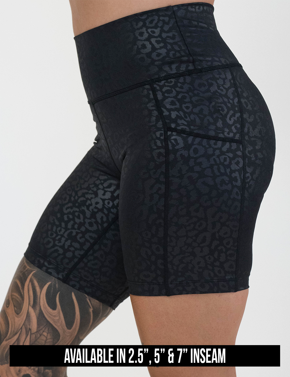 available inseam lengths for the black leopard print shorts, lengths include 2.5, 5, and 7 inches
