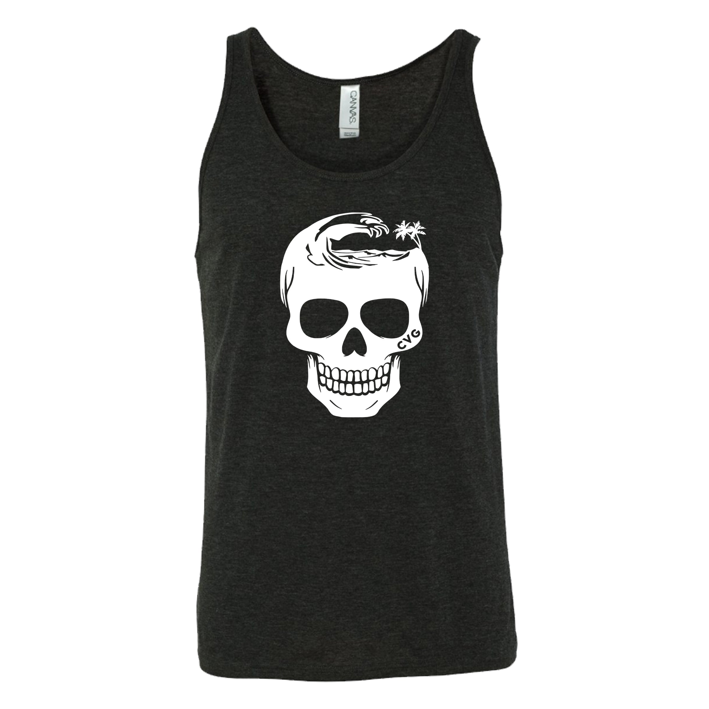 black unisex tank with tropical skull design